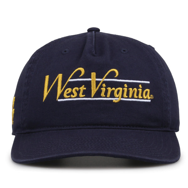 West Virginia Mountaineers Original Heritage Bar Snapback in navy, front view of embroidered school script and bar design