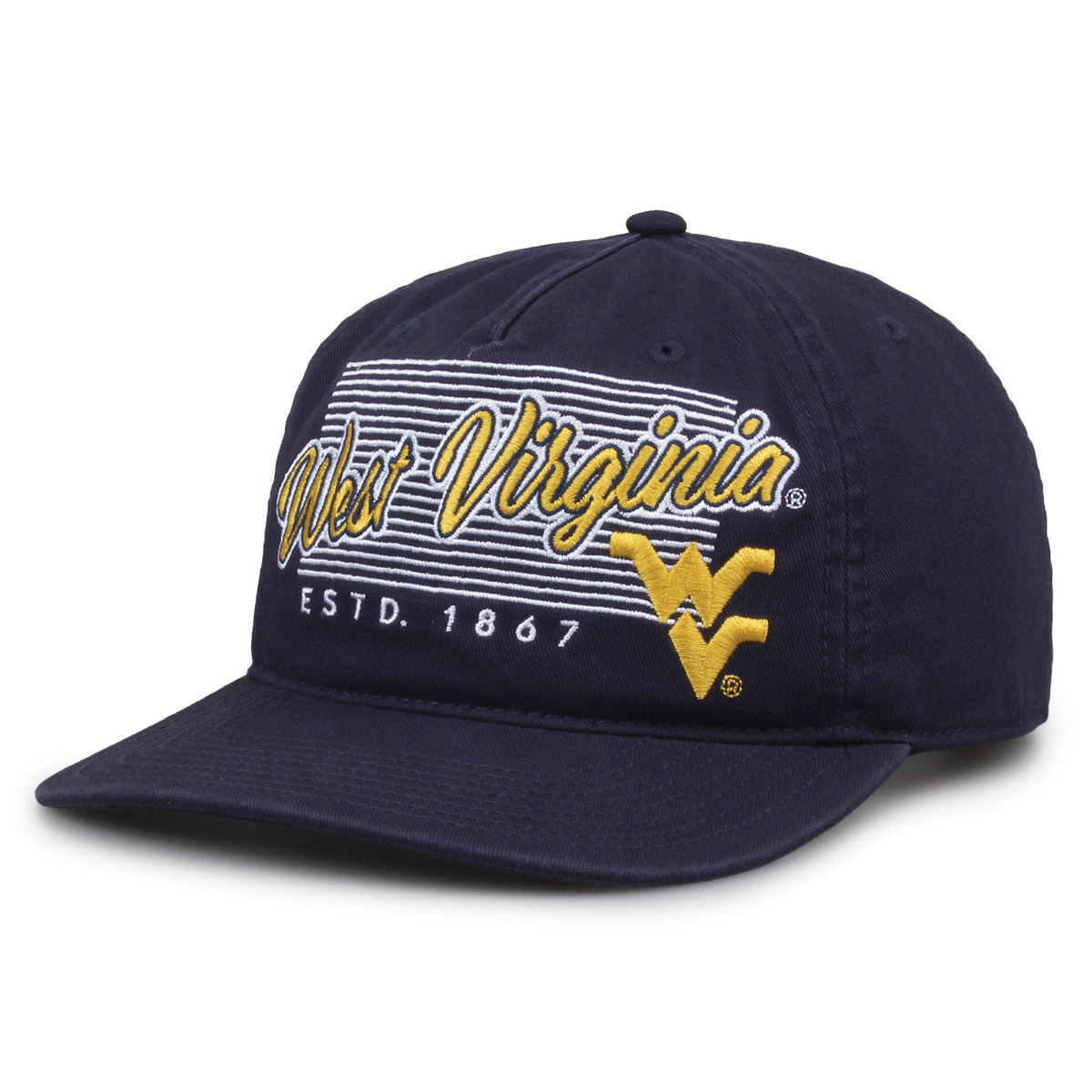 West Virginia Mountaineers Original Heritage Script Snapback in navy, angled front view showing matching crown and brim